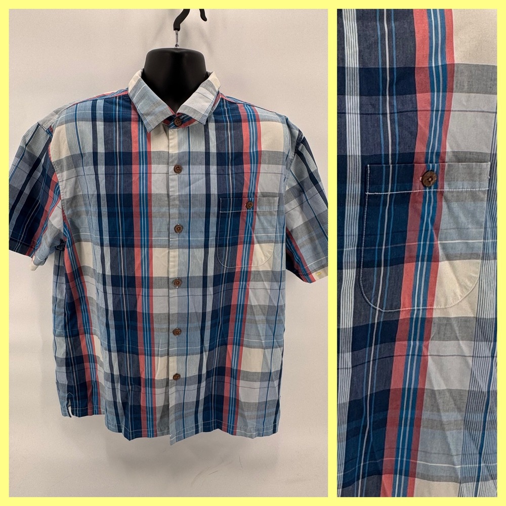 Tommy Bahama Mens XL Silk Blend Plaid Short‎ Sleeve Button Up Shirt Blue Red